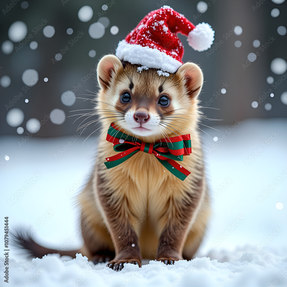 Adorable holiday creature in santa hat and bow tie captured in a snowy wonderland, photography of festive animal portrait concept. Adorable holiday creature in santa hat and bow tie captured in a snowy wonderland, photography of festive animal portrait concept.