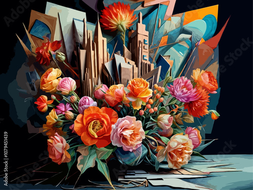 Mixed Media and Representation of Urban Flora and Architectural Fantasy Arrangement