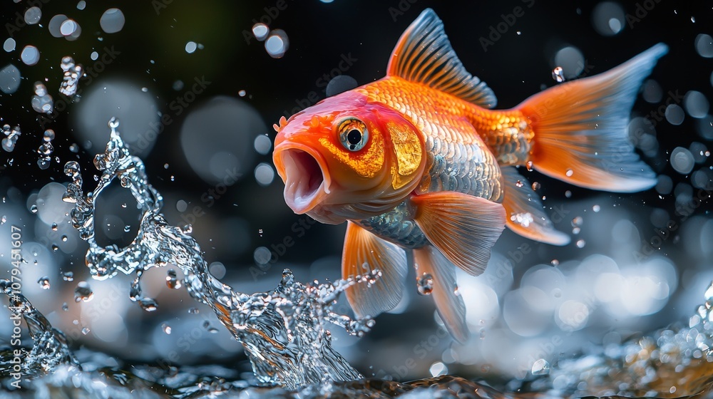 Energetic fish jump, mouth agape, water droplets highlighted Energetic fish jump, mouth agape, water droplets highlighted