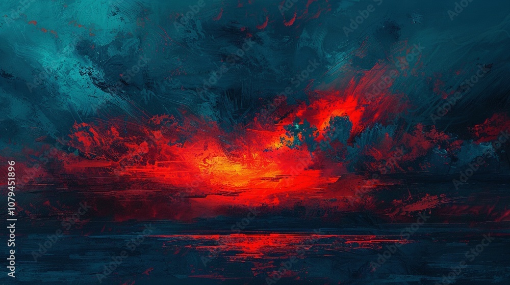 Abstract Painting of a Fiery Sunset with a Dark Blue Background Abstract Painting of a Fiery Sunset with a Dark Blue Background
