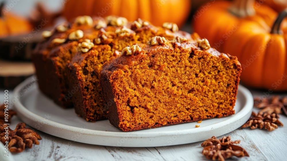 Pumpkin bread on a white plate. Perfect for a fall or Thanksgiving recipe. Pumpkin bread on a white plate. Perfect for a fall or Thanksgiving recipe.