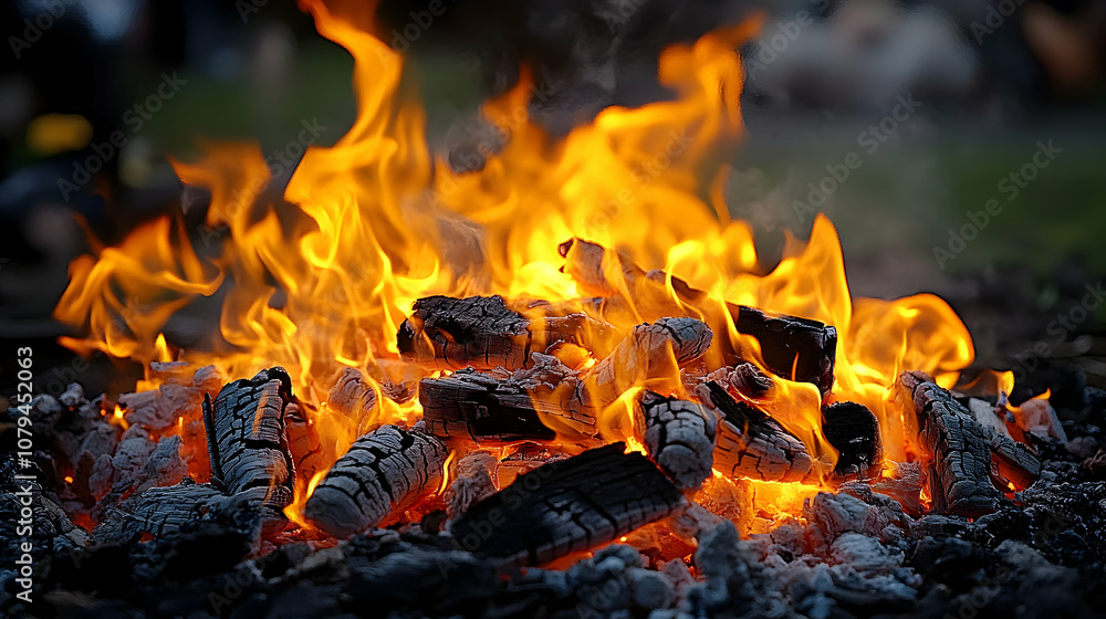Fiery Embers Burning Brightly in a Campfire, Vivid Orange Flames Dancing Above Charcoal, Nighttime Setting Fiery Embers Burning Brightly in a Campfire, Vivid Orange Flames Dancing Above Charcoal, Nighttime Setting