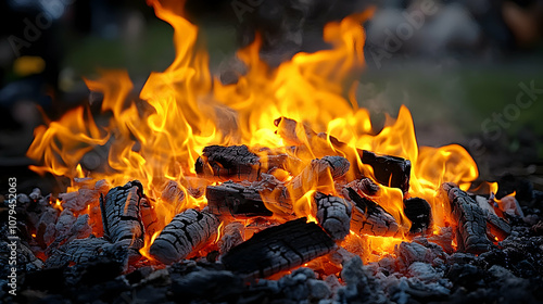 Fiery Embers Burning Brightly in a Campfire, Vivid Orange Flames Dancing Above Charcoal, Nighttime Setting