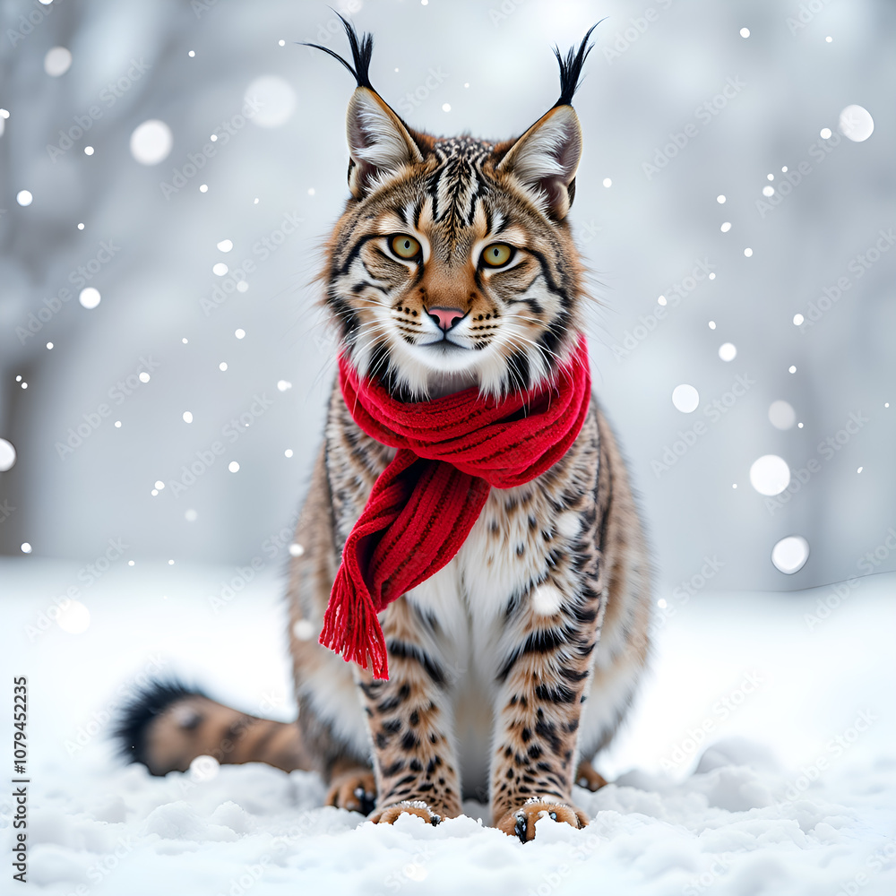 Majestic lynx in a winter wonderland wearing a cozy red scarf amidst falling snowflakes, photography of animal portrait concept. Majestic lynx in a winter wonderland wearing a cozy red scarf amidst falling snowflakes, photography of animal portrait concept.
