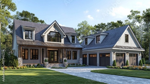 Modern house exterior with landscaped garden and driveway in a suburban neighborhood during a sunny day