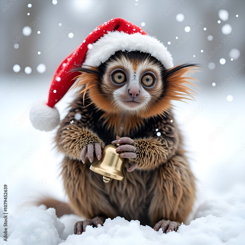 Adorable creature in a santa hat rings a bell amidst a snowy winter wonderland, digital art of fantasy concept. Adorable creature in a santa hat rings a bell amidst a snowy winter wonderland, digital art of fantasy concept.
