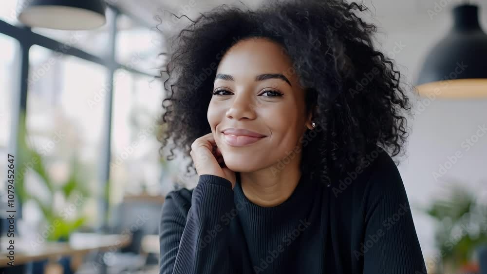 A woman with beautiful curly hair relaxes in a sunlit café, smiling as she rests her chin on her hand, surrounded by a warm and inviting atmosphere A woman with beautiful curly hair relaxes in a sunlit café, smiling as she rests her chin on her hand, surrounded by a warm and inviting atmosphere
