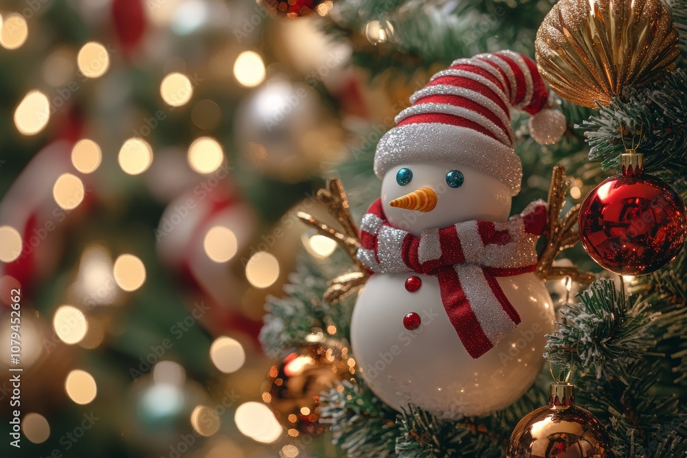 A cheerful snowman ornament hangs on a festive Christmas tree adorned with twinkling lights and colorful baubles. A cheerful snowman ornament hangs on a festive Christmas tree adorned with twinkling lights and colorful baubles.