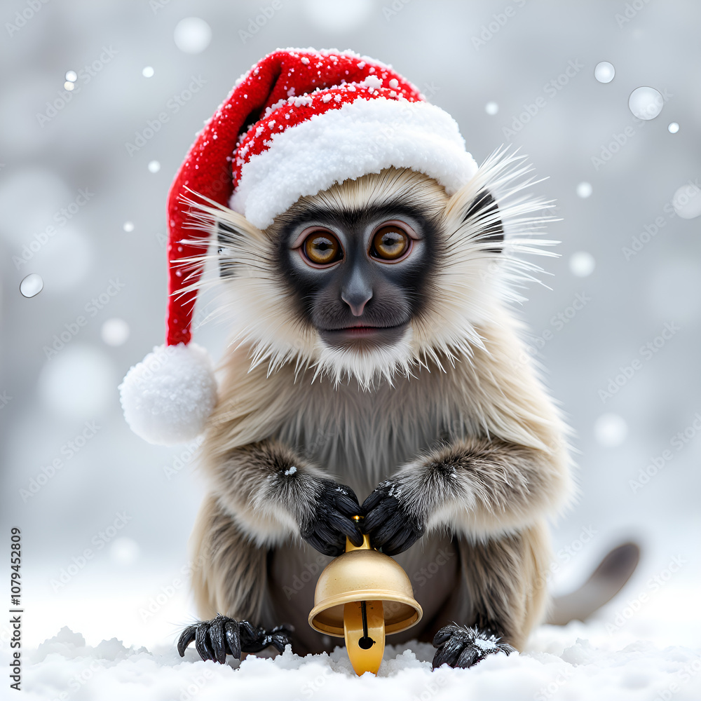 Adorable monkey in a christmas hat ringing a bell amidst soft snowfall, photography of animal portrait concept. Adorable monkey in a christmas hat ringing a bell amidst soft snowfall, photography of animal portrait concept.