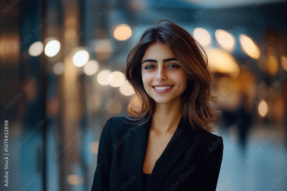 Obraz premium Portrait of a beautiful, smiling business woman in a modern office, wearing a black suit and blazer with a blurred background - Generative AI 