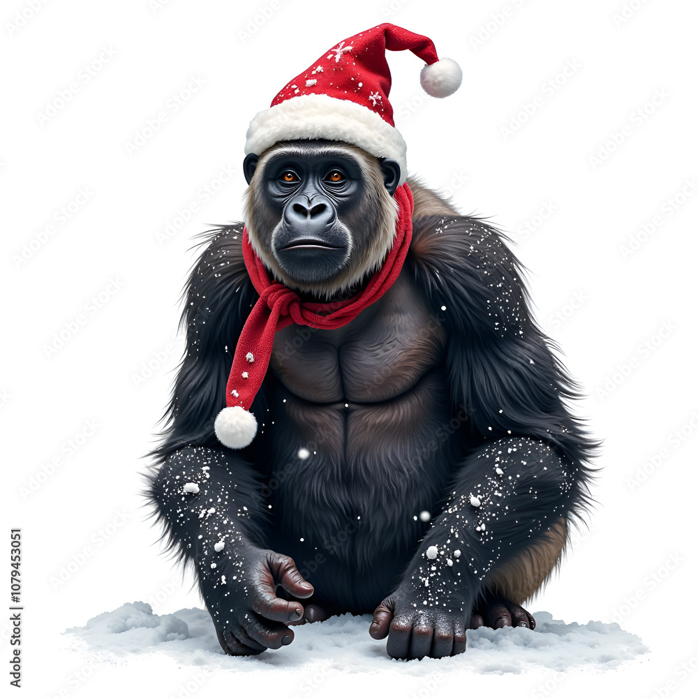 A playful gorilla dressed in a santa hat and scarf enjoying a winter wonderland, digital art of whimsical concept. A playful gorilla dressed in a santa hat and scarf enjoying a winter wonderland, digital art of whimsical concept.
