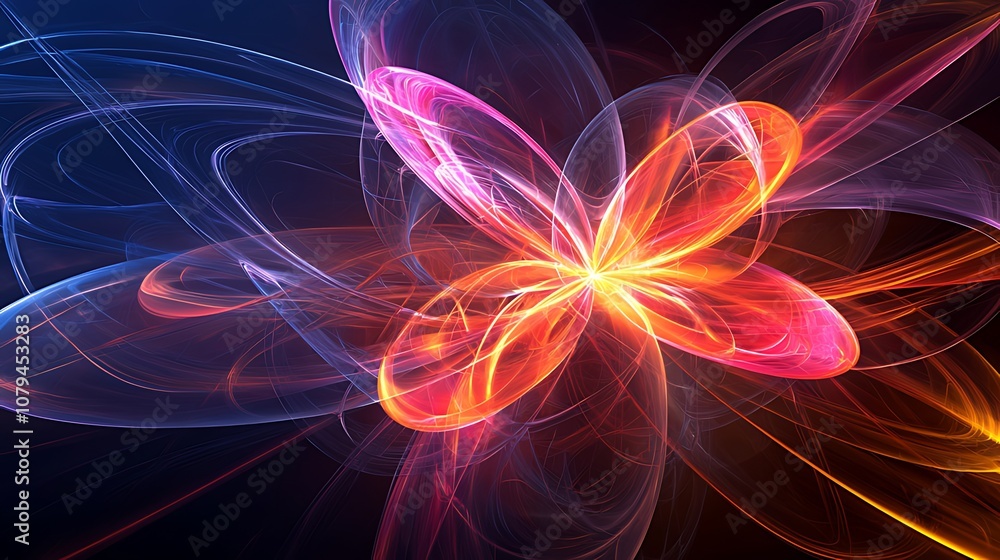 Fototapeta premium Abstract glowing butterfly shape in orange, red, and blue on a black background.