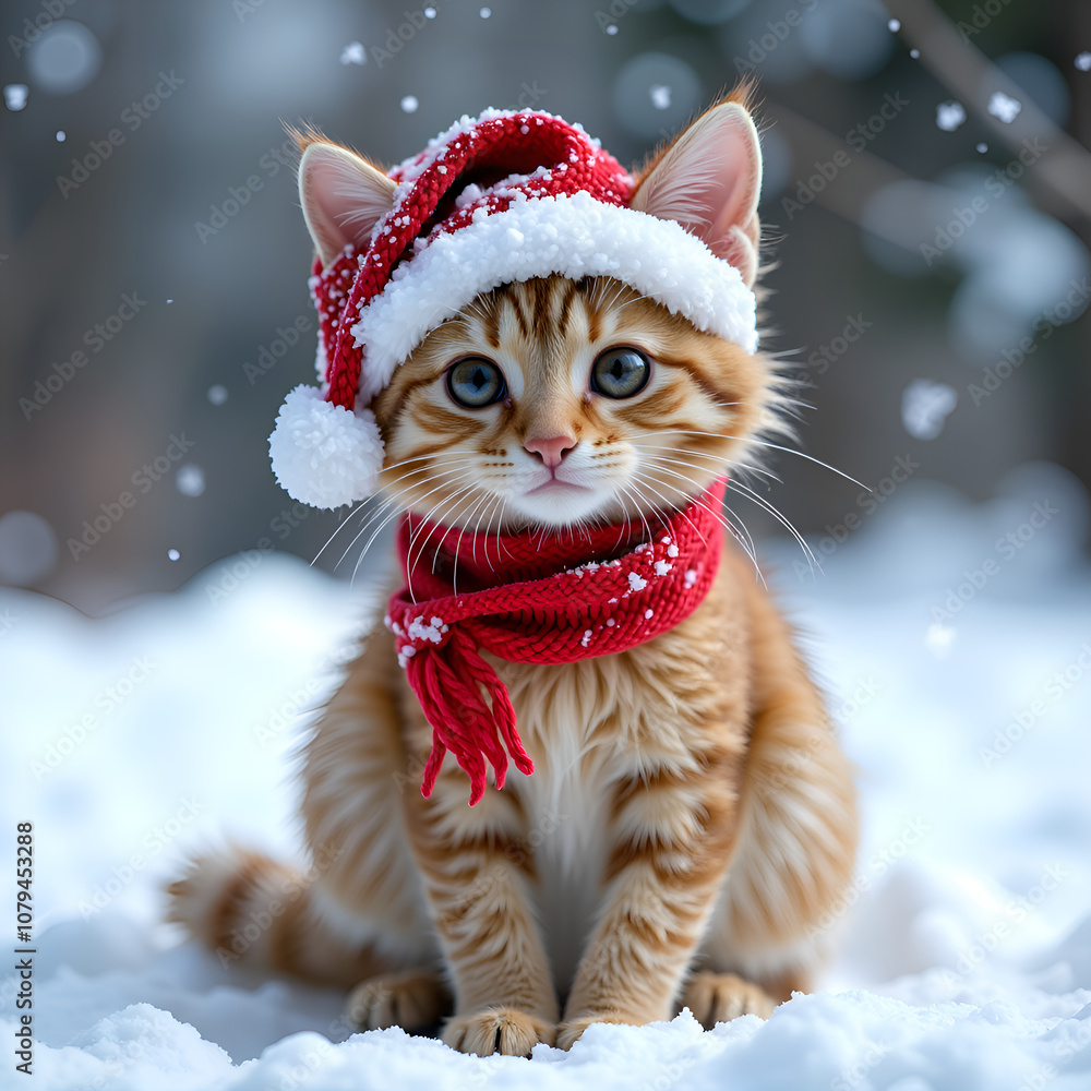 Adorable ginger cat in a festive hat and scarf enjoying a snowy wonderland, photography of portrait concept. Adorable ginger cat in a festive hat and scarf enjoying a snowy wonderland, photography of portrait concept.