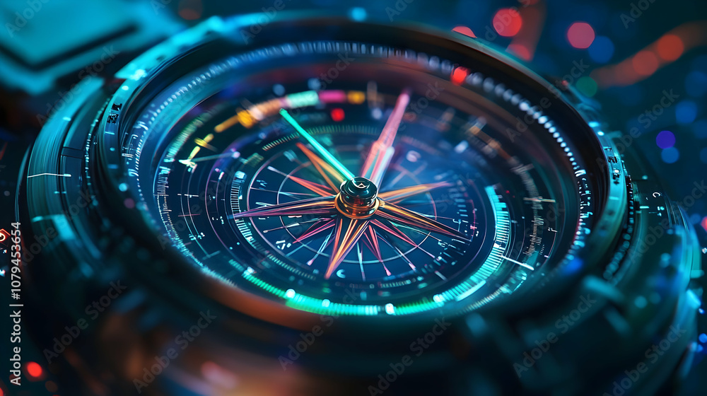 custom made wallpaper toronto digitalFuturistic Compass: A 3D Render of a Glowing, High-Tech Navigation Device with Colorful, Abstract Background