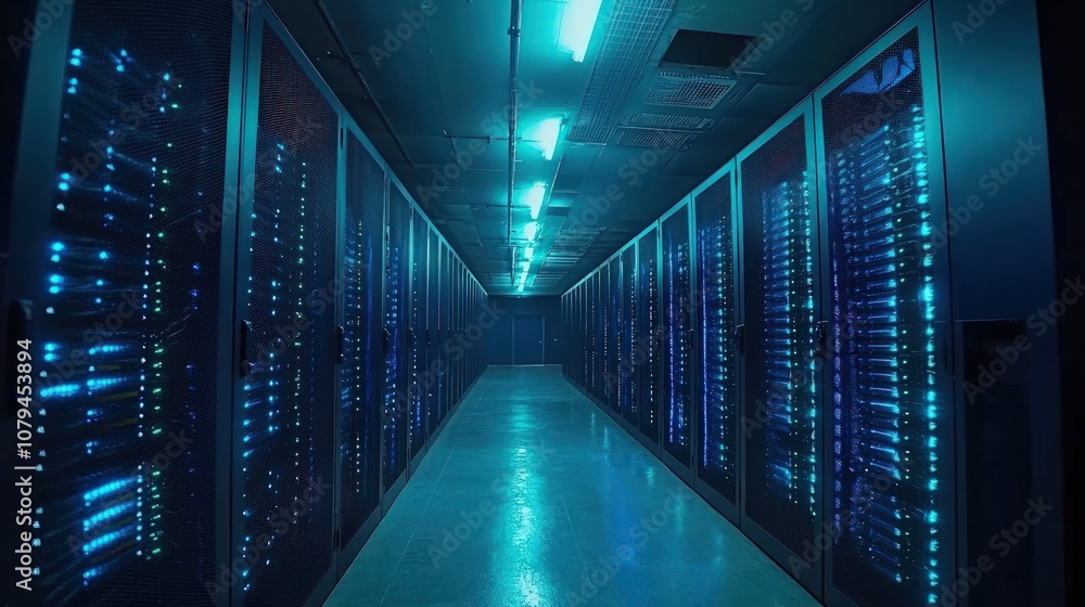 Rows of illuminated server racks in a data center. Rows of illuminated server racks in a data center.