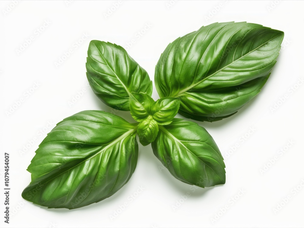 Fototapeta premium Fresh Basil Sprig: A vibrant, close-up shot of fresh basil leaves arranged in a symmetrical pattern, showcasing their deep green hue and delicate texture. 