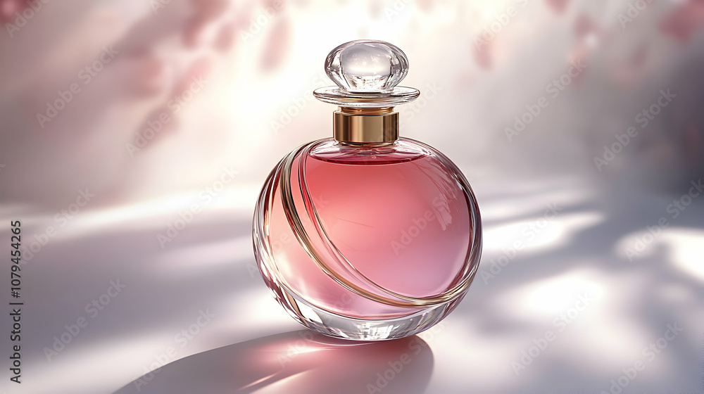 Elegant Pink Perfume Bottle with Gold Accents, 3D Render on Soft Light Background Elegant Pink Perfume Bottle with Gold Accents, 3D Render on Soft Light Background