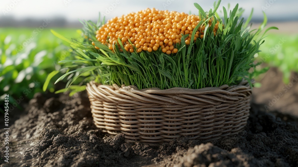 Fototapeta premium A wicker basket filled with fresh green wheatgrass and yellow seeds, set on a field of growing wheat.