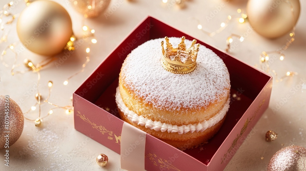 Inside a festive box, decorated Three Kings cake, sprinkled sugar and crown details Inside a festive box, decorated Three Kings cake, sprinkled sugar and crown details