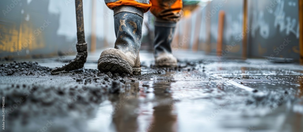 Construction Worker Walking Through Wet Cement Construction Worker Walking Through Wet Cement