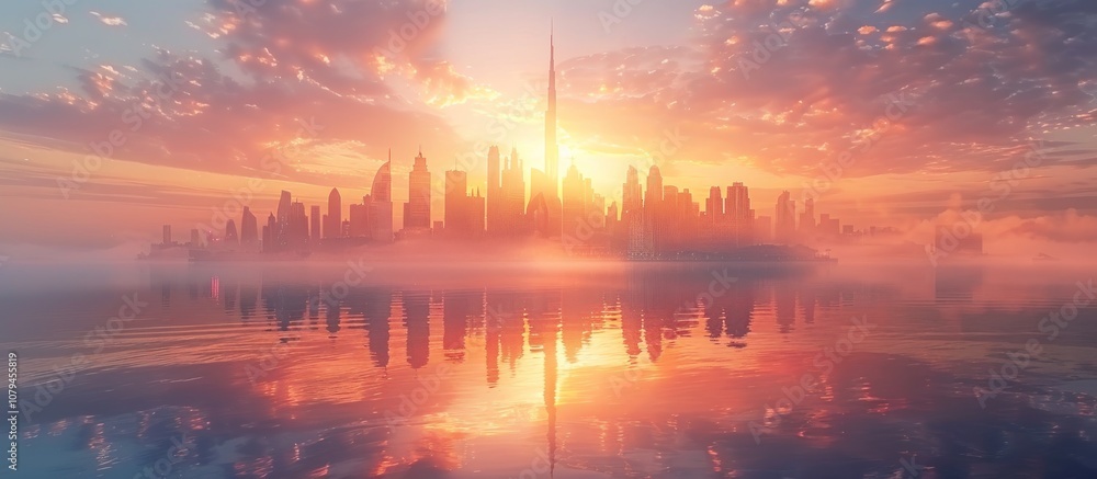 Sunrise Over Dubai Skyline with Fog and Reflections Sunrise Over Dubai Skyline with Fog and Reflections