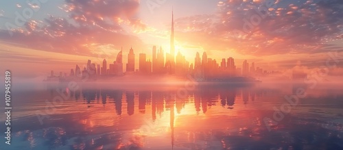 Sunrise Over Dubai Skyline with Fog and Reflections