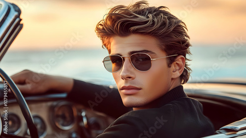 Stylish Man in Aviator Sunglasses Leans on Classic Car at Sunset, Golden Hour Photo Shoot