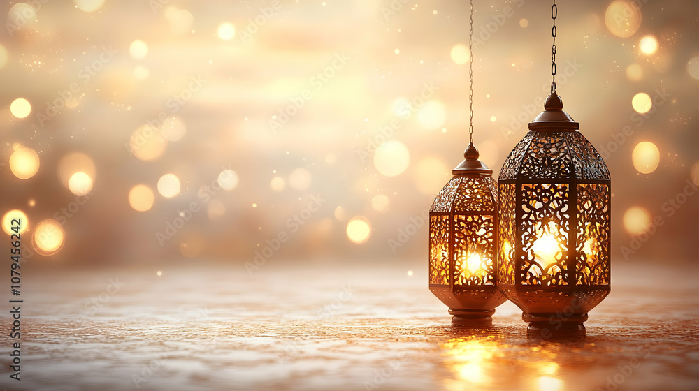 Glowing Ornate Lanterns Hang Against a Warm, Bokeh Background, Illuminating a Golden Surface. Glowing Ornate Lanterns Hang Against a Warm, Bokeh Background, Illuminating a Golden Surface.