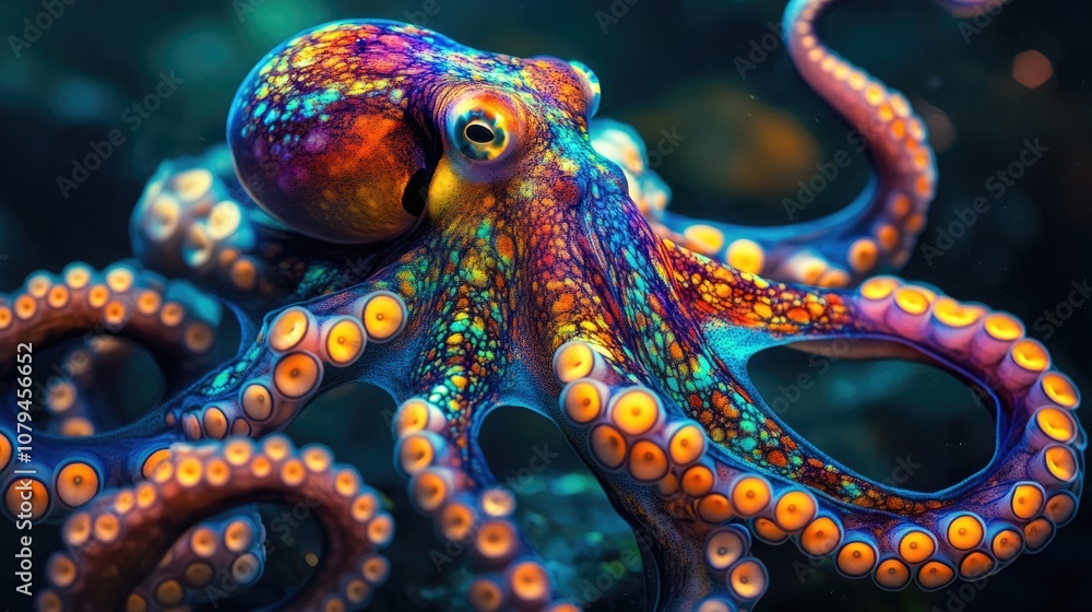Vibrant and colorful octopus against a dark backdrop Vibrant and colorful octopus against a dark backdrop