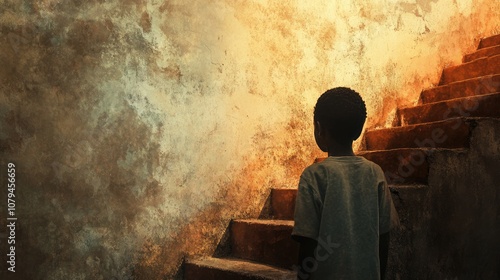 Black lives matter embodying hope freedom and dreams with a young African boy gazing at a staircase