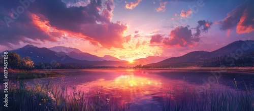 Vibrant sunset over a serene landscape capturing the interplay of colors in the sky and their reflection on a calm body of water creating a peaceful and picturesque scene