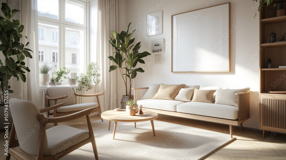 Fototapeta premium Poster und Bilderrahmen Mockup im modernen Wohnzimmer – fotorealistisches 3D-Rendering für Bildplatzierung 