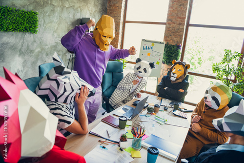 Portrait of panda rooster gorilla lion sloth zebra raccoon mask people conference desktop loft business center indoors photo