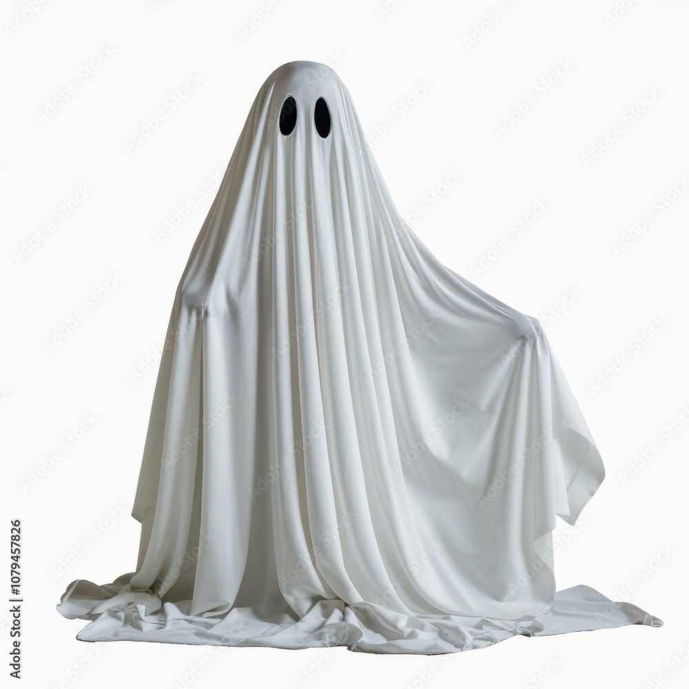 Ghostly Presence: An ethereal figure draped in a flowing white sheet, casting a haunting and mysterious presence. Its two piercing black eyes peek out from the ethereal fabric. Ghostly Presence: An ethereal figure draped in a flowing white sheet, casting a haunting and mysterious presence. Its two piercing black eyes peek out from the ethereal fabric.