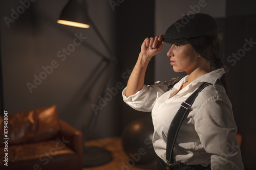 Caucasian woman in a Peaky Blinders style men's suit posing in a retro gym. photo