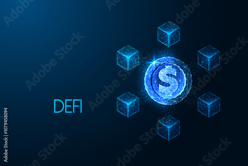 Decentralized finance DeFi concept with dollar coin and blockchain symbols on dark blue background