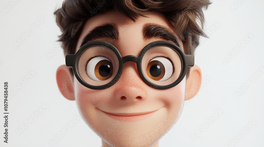 Close up portrait of a cheerful young male student with a nerdy appearance smiling confidently and gazing directly at the camera set against a white background in a square format Close up portrait of a cheerful young male student with a nerdy appearance smiling confidently and gazing directly at the camera set against a white background in a square format