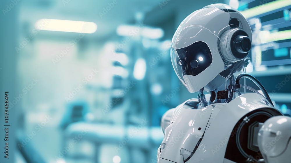 humanoid robot is positioned in a state-of-the-art hospital, demonstrating high-tech features while surrounded by medical equipment and monitors, showing the evolution of healthcare - Generative AI humanoid robot is positioned in a state-of-the-art hospital, demonstrating high-tech features while surrounded by medical equipment and monitors, showing the evolution of healthcare - Generative AI