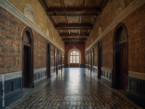 A Long, Ornate Hallway with Arched Doorways and Intricate Tilework photo