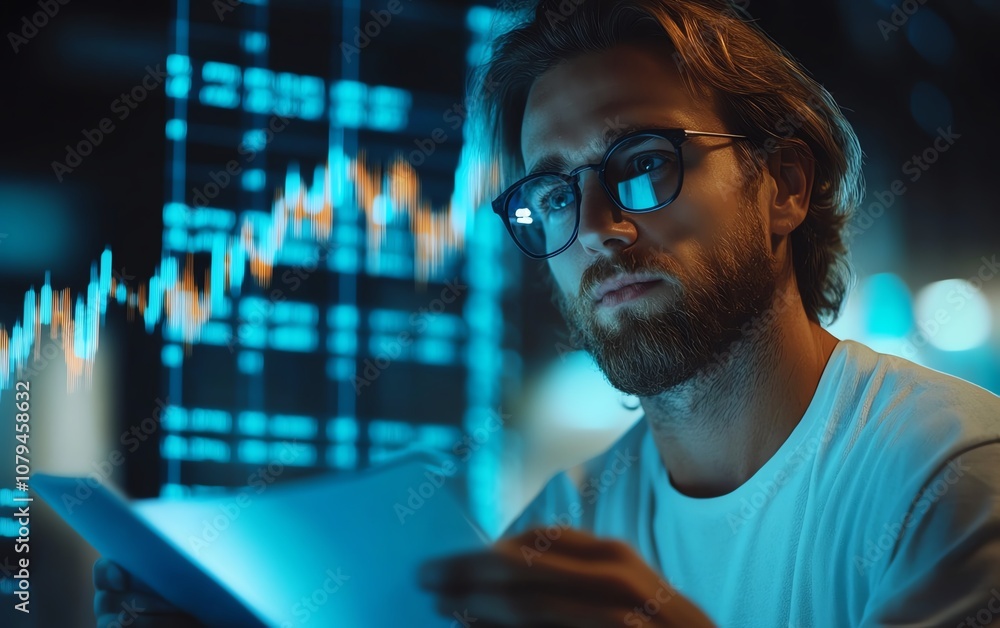 Young European businessman with document in hand and glowing blue forex chart on blurry office interior background, stock market, financial growth, and trade concept Young European businessman with document in hand and glowing blue forex chart on blurry office interior background, stock market, financial growth, and trade concept