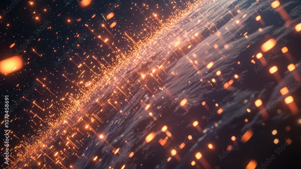 Internet satellites in a constellation streaking across the sky over Earth captured in dynamic motion blur Internet satellites in a constellation streaking across the sky over Earth captured in dynamic motion blur