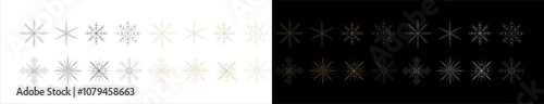 New Year and Christmas set. Elegant snowflakes vector icons. Golden, white snowflakes on dark background and golden, black on white background. Winter snowflake line icons. 2025 year.