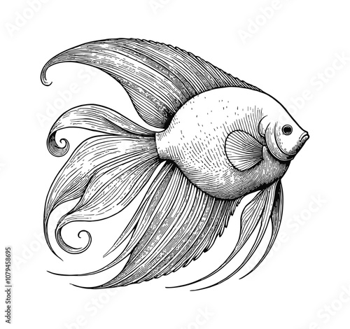 angelfish engraving black and white outline