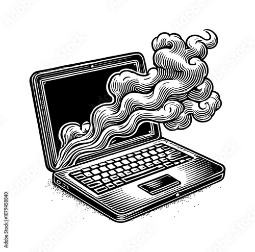 smoke burning laptop engraving black and white outline