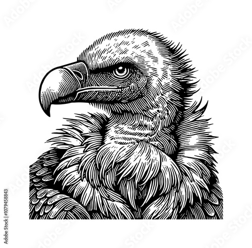 vulture head portrait engraving black and white outline