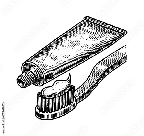 brush and tooth paste engraving black and white outline