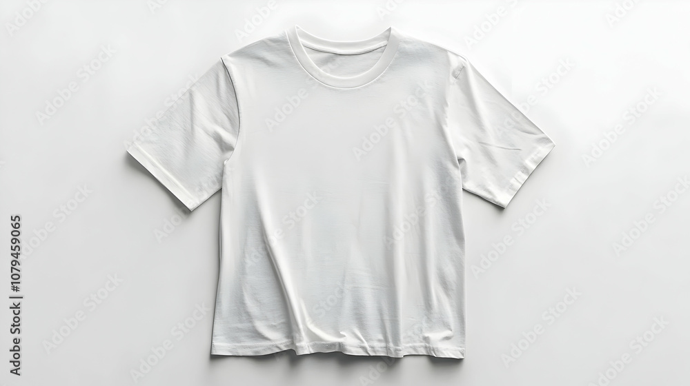A Wrinkled White Crew Neck T-Shirt Lies Flat on a White Background, a Simple Apparel Mockup for Design Presentation A Wrinkled White Crew Neck T-Shirt Lies Flat on a White Background, a Simple Apparel Mockup for Design Presentation