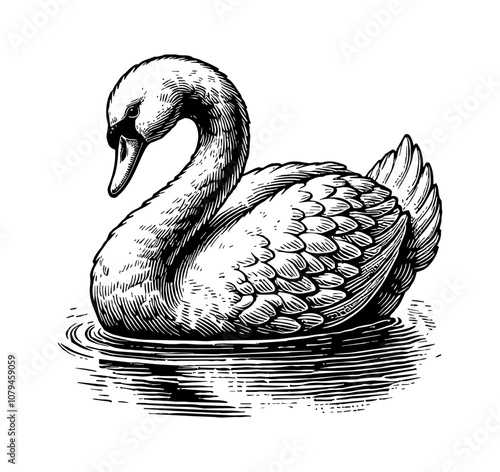 white swan engraving black and white outline