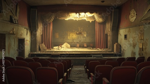 Abandoned theater featuring a deteriorating stage and seating evoking a strong sense of dramatic nostalgia