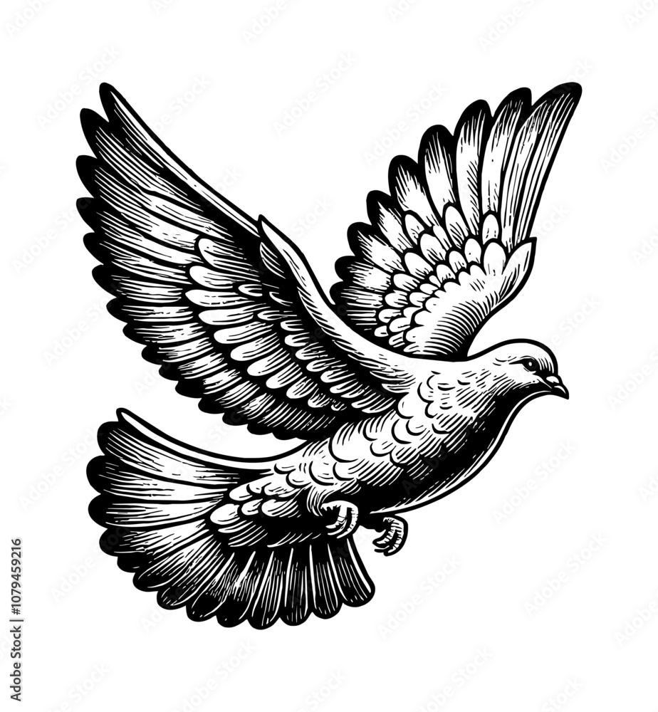 Fototapeta premium pigeon bird fly engraving black and white outline